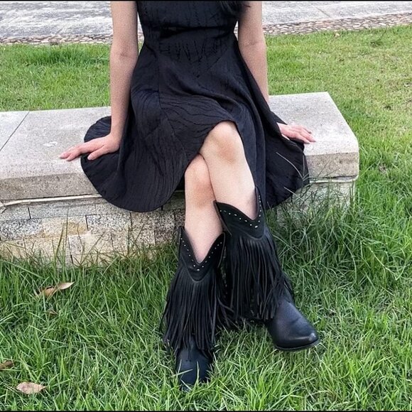 Women's Black Cow Girl Block Heel Calf High Faux Suede Western Boots Shoes - Picture 7 of 8